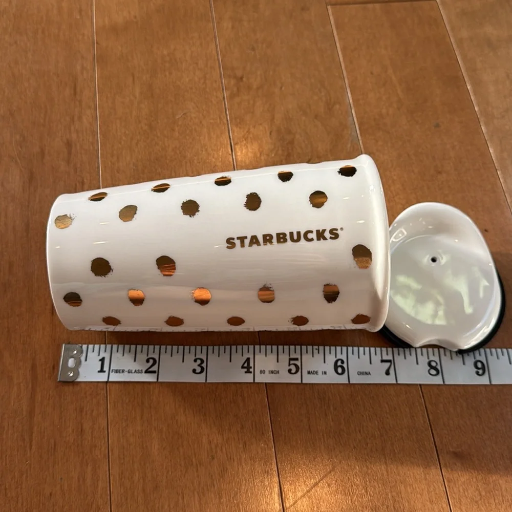 NWOT Starbucks Gold Polka Dot Ceramic Tumbler in 10oz